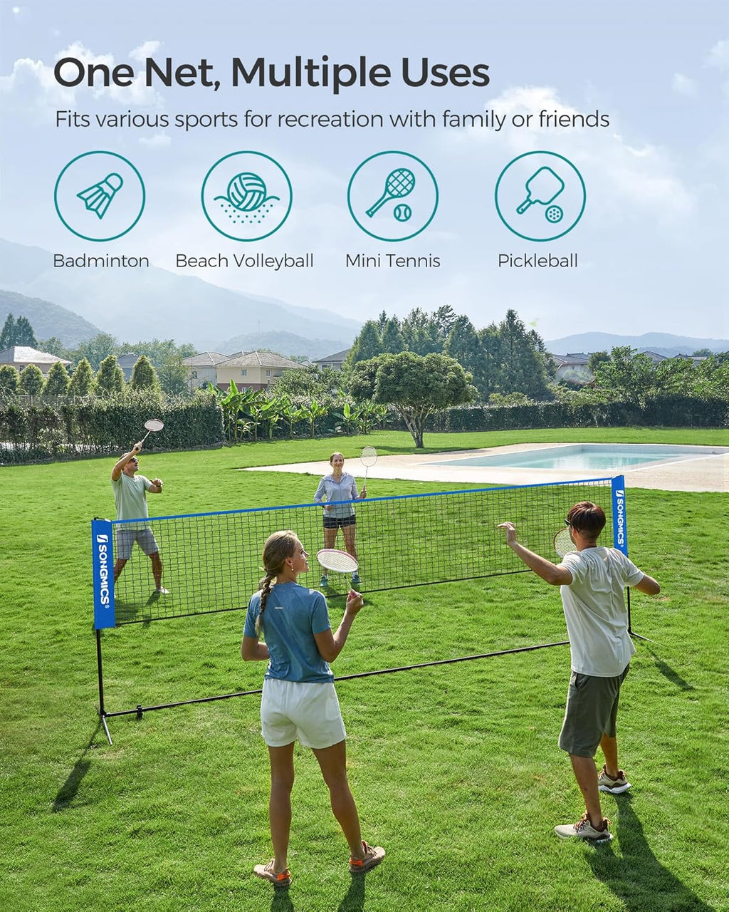 SONGMICS Adjustable Badminton & Volleyball Net - Foldable Nylon for Kids & Juniors | 10ft/13ft/16.5ft Wide