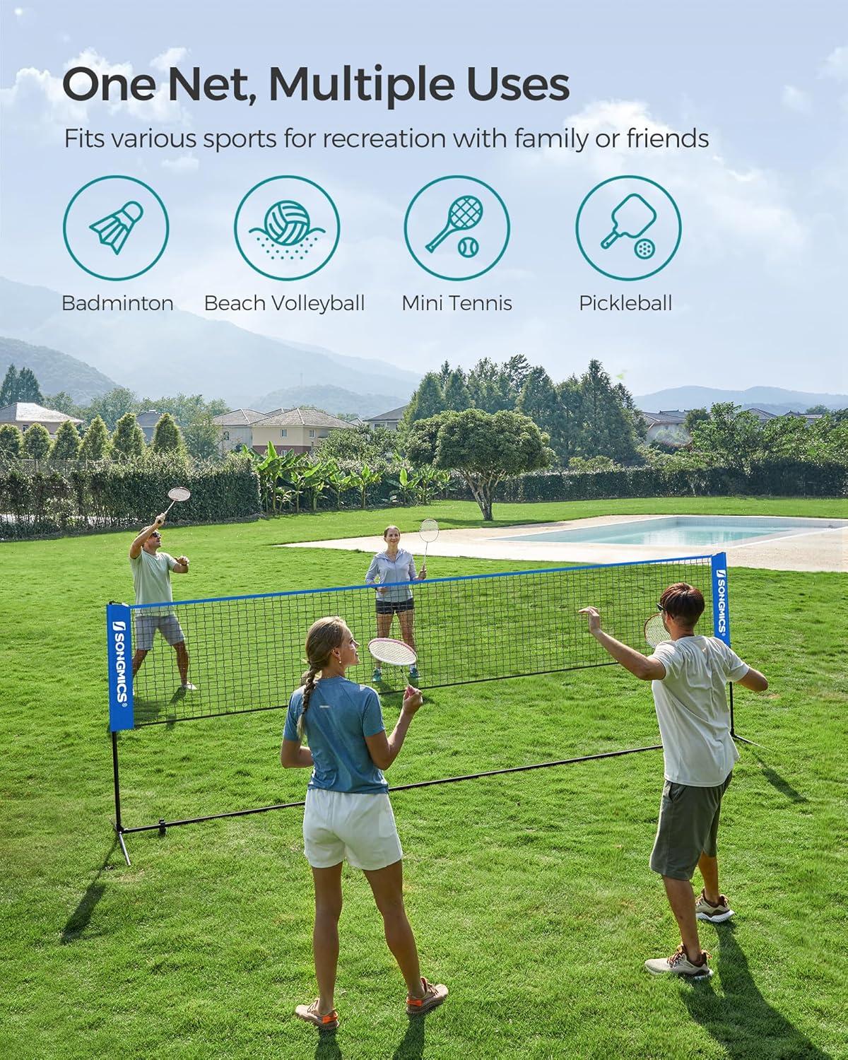 SONGMICS Adjustable Badminton & Volleyball Net - Foldable Nylon for Kids & Juniors | 10ft/13ft/16.5ft Wide