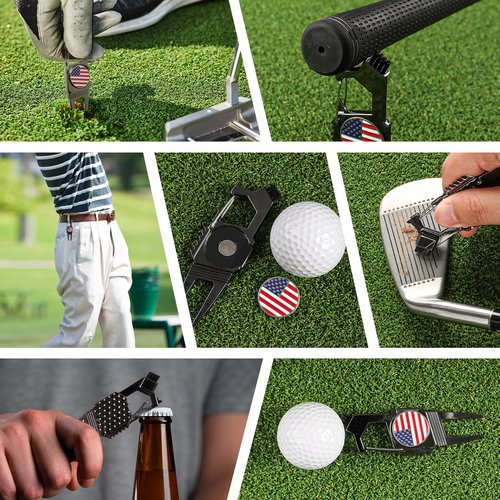 GKandi 7-in-1 Golf Divot Tool with Ball Marker Value 2 Pack, Green Repair Tool Multi-Use Fixer for Pitch Mark with Clip, Premium Golf Accessories for Men Ladies (Black)