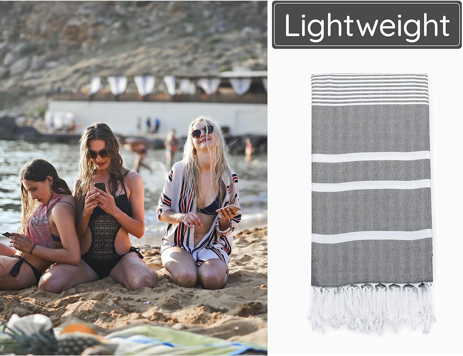 Premium Turkish Beach Towel - 100% Cotton, Quick Dry, Oversized 35”x 67” - Sand Free, Ideal for Travel & Pool - Black