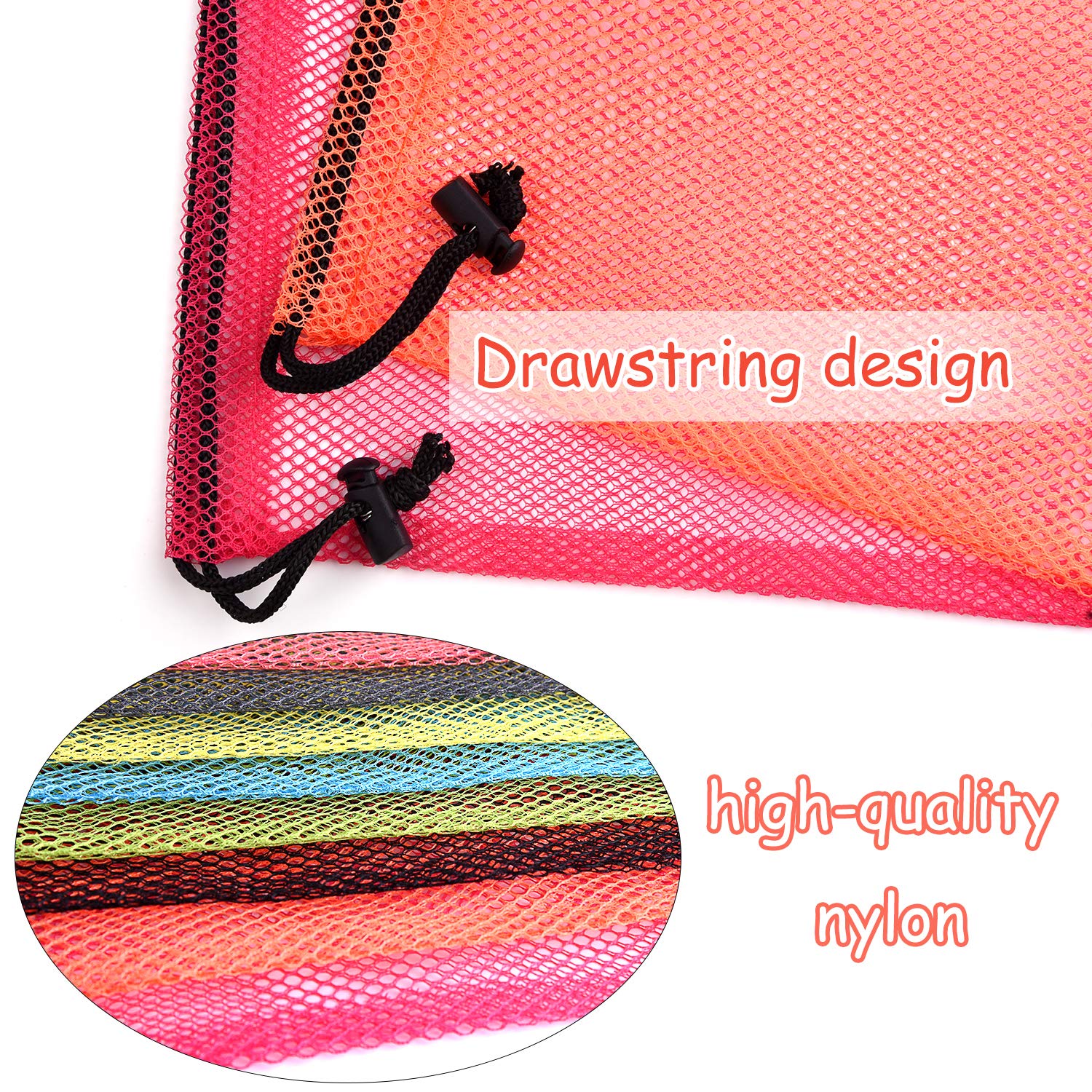 KUUQA 10 Pcs Mesh Drawstring Bag, Laundry Bag, Mesh Stuff Sack, Golf Ball Bag, Nylon Mesh Bag for Storage, Travel and Sports (Colorful, 13"x15.5")