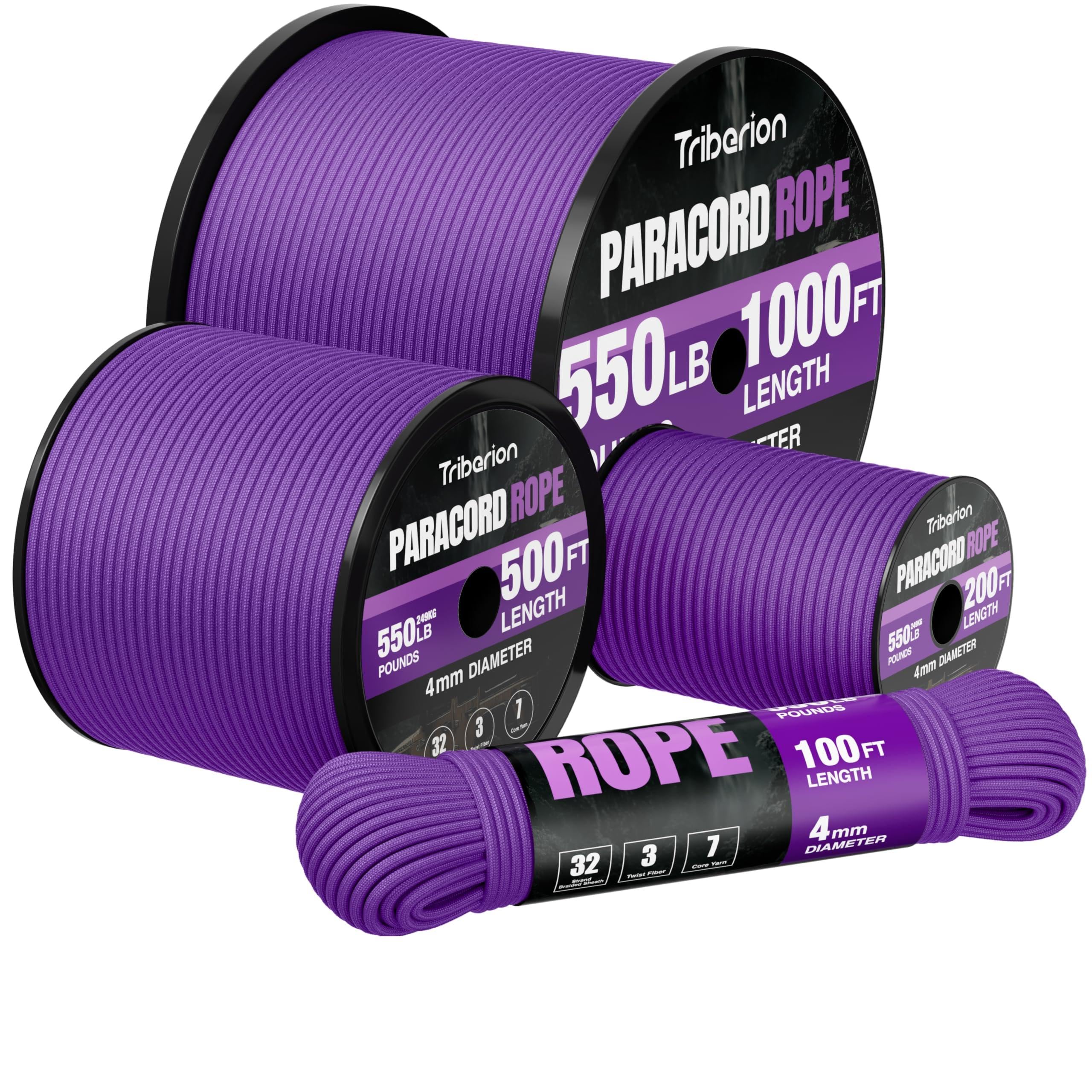 Paracord Rope 550 lb - 200ft 5/32" Parachute Cord 4MM 7-Strand para Cord - Heavy Duty Spool String for Survival,Camping Gear, Survival Bracelet, Clothesline - Purple