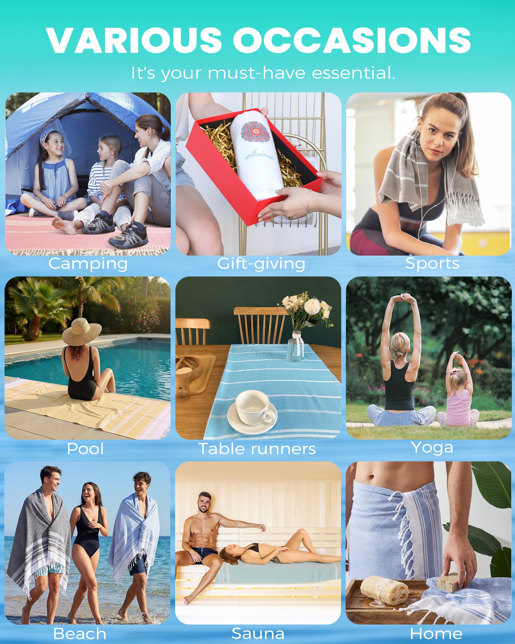 Antfuny 6 Packs Turkish Beach Towels Vacation Essentials Quick Dry Sand Free Soft Absorbent Extra Large XL Big Blanket Adult Oversized Bath Pool Swim Towel Set Bulk Multipack Thin Sandless Fast