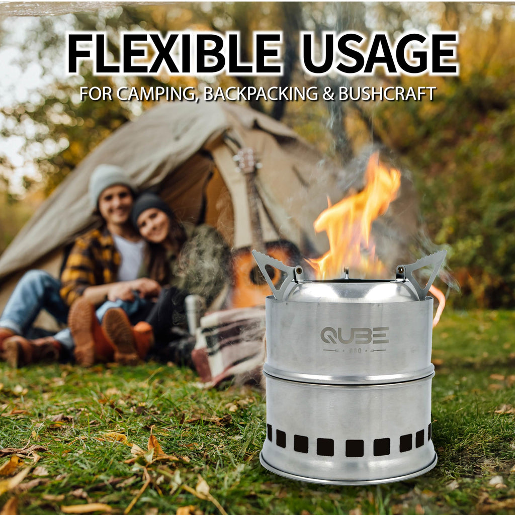 QUBE BBQ Portable Camping Stove with 3 Fire Starters – Stainless Steel Wood Burning Mini Camp Stove, Foldable with Carry Bag, for Backpacking, Hiking, Traveling, Emergency, Outdoor BBQ, and Picnic