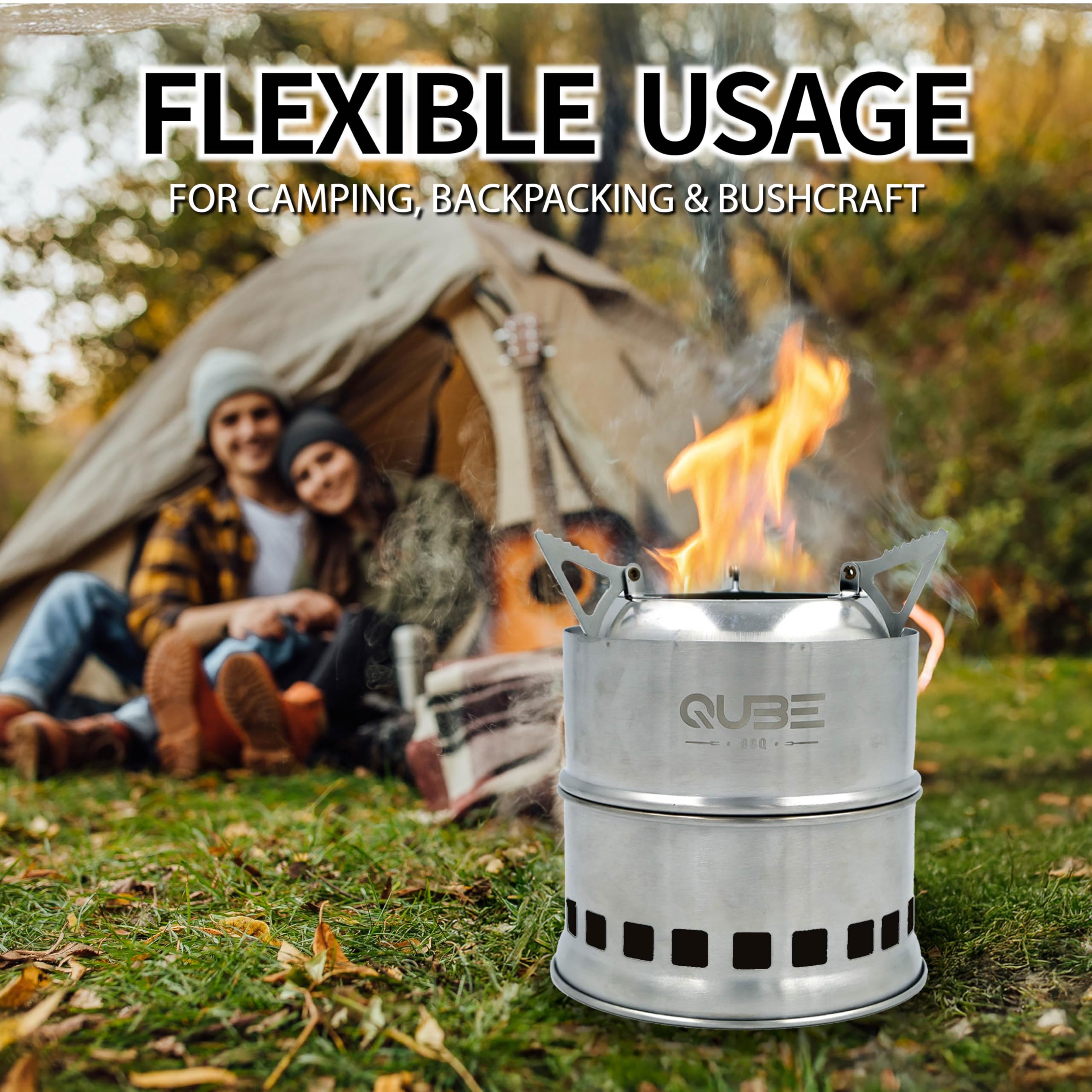 QUBE BBQ Portable Camping Stove with 3 Fire Starters – Stainless Steel Wood Burning Mini Camp Stove, Foldable with Carry Bag, for Backpacking, Hiking, Traveling, Emergency, Outdoor BBQ, and Picnic