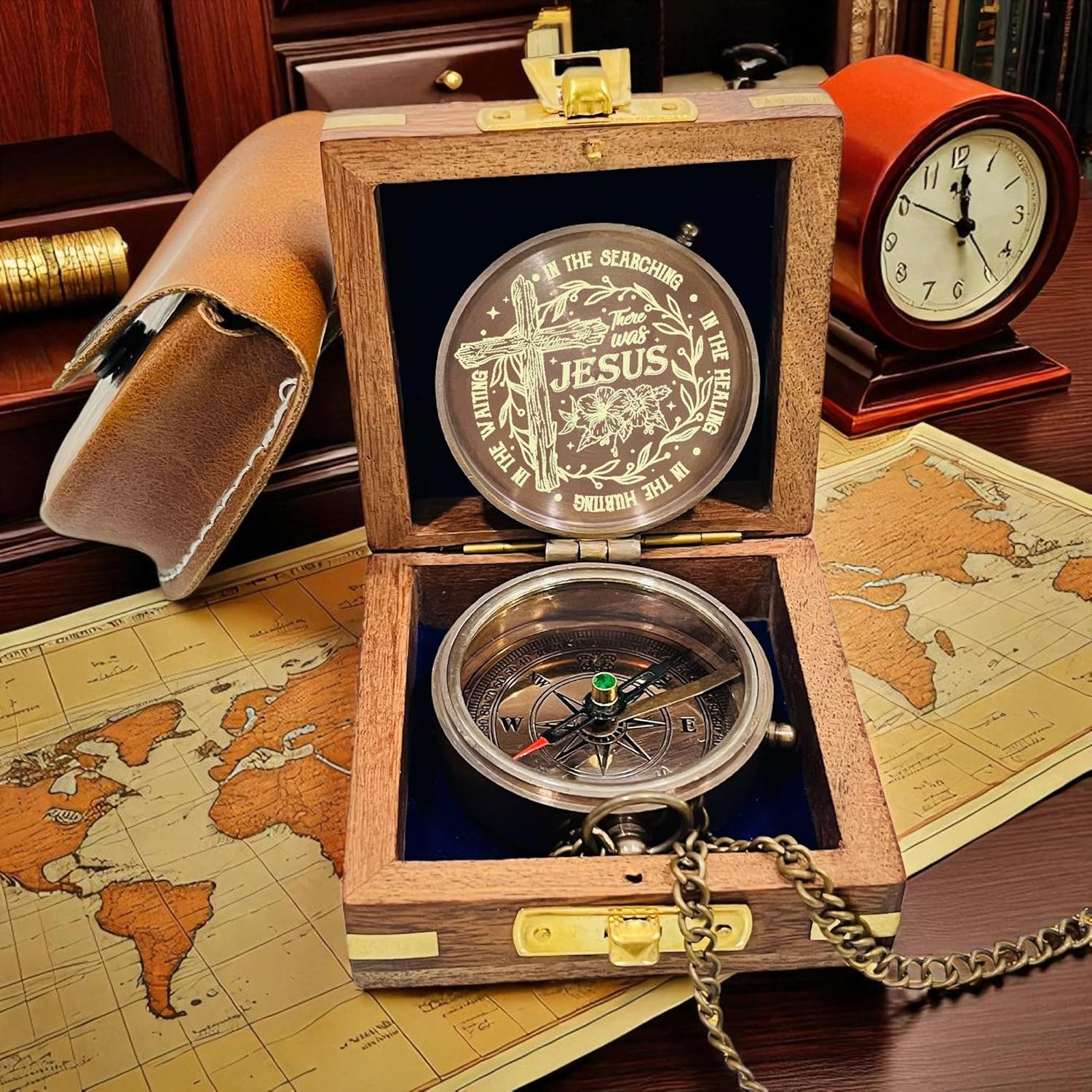 Skiennix Personalized Baptism Compass - Engraved Name & Date | Religious Keepsake Gift with Wooden Box & Leather Case