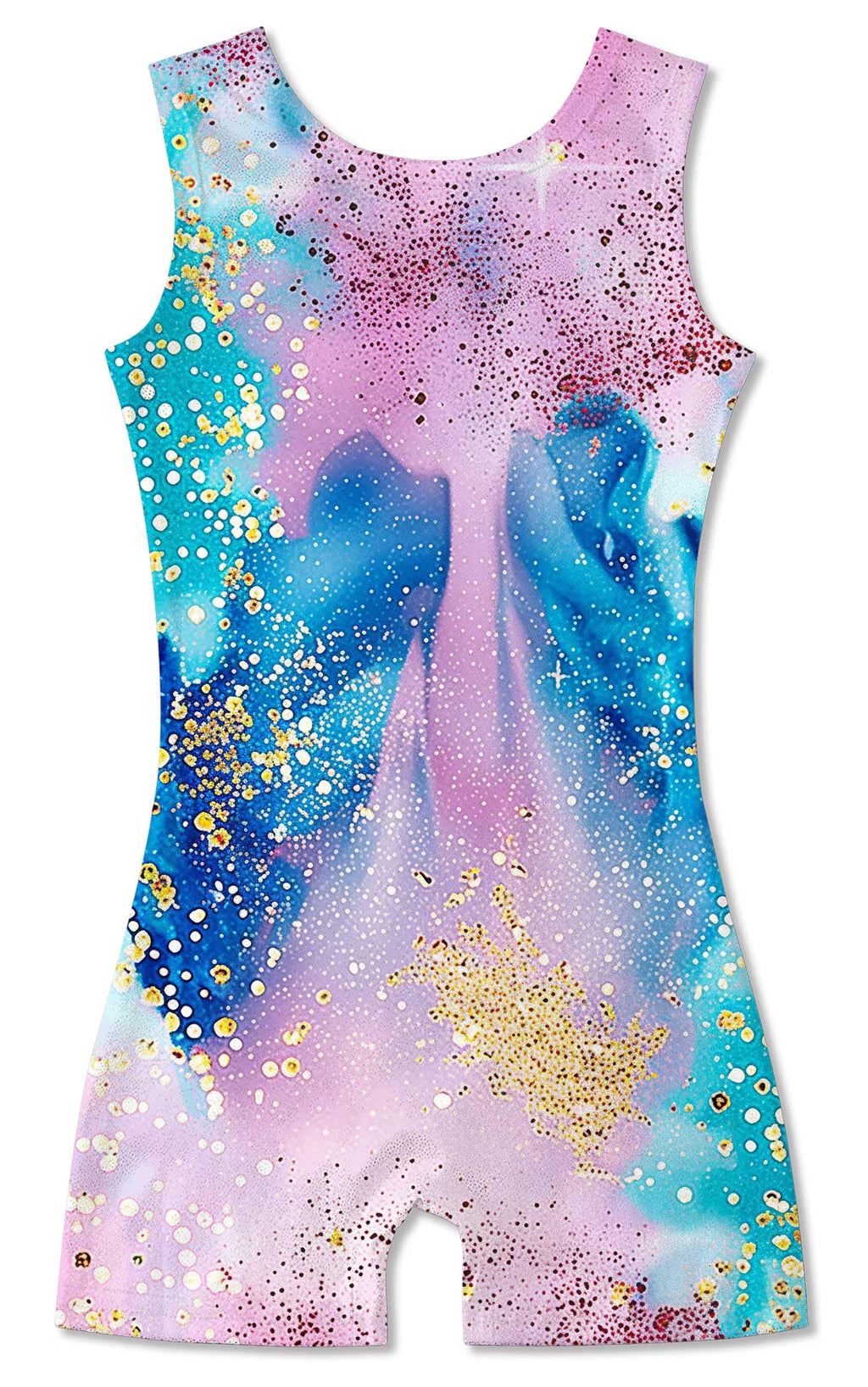 Funnycokid Gymnastics Leotards for Girls Dance Outfits Unitard Sparkly Clothes with Shorts, Diamond Blue Pink, 5-6 Years