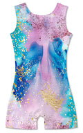 Funnycokid Gymnastics Leotards for Girls Dance Outfits Unitard Sparkly Clothes with Shorts, Diamond Blue Pink, 5-6 Years