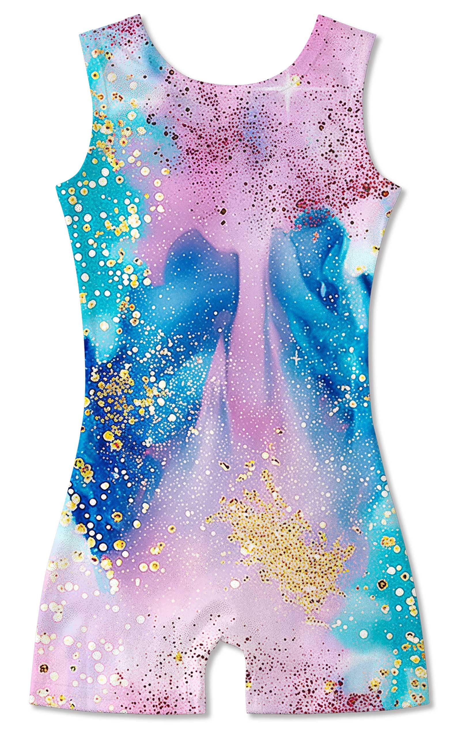 Funnycokid Gymnastics Leotards for Girls Dance Outfits Unitard Sparkly Clothes with Shorts, Diamond Blue Pink, 5-6 Years