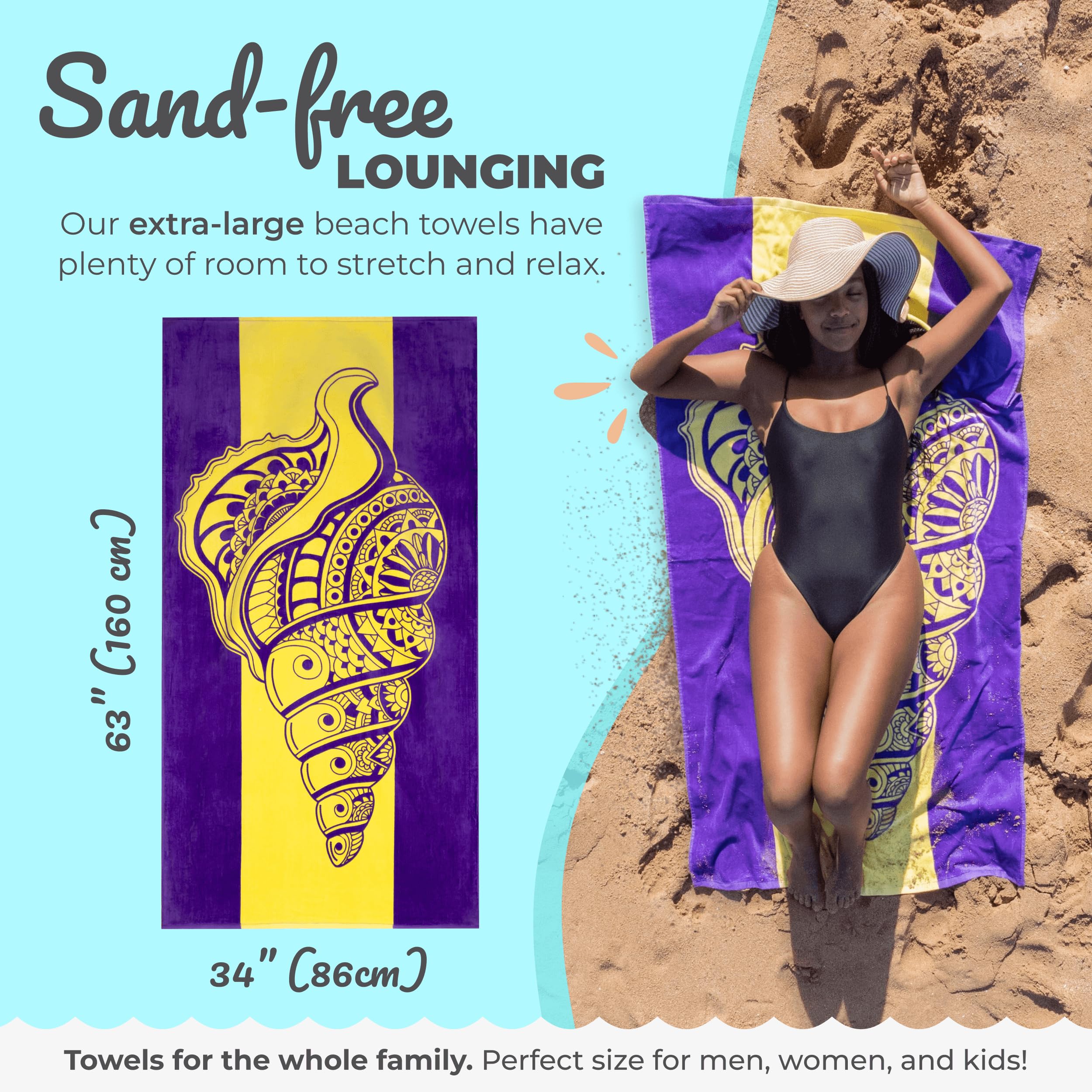 Nova Blue Seashell Beach Towel (34 X 63) – Purple & Yellow Travel Beach Towel Made from 100% Cotton – Unique Adult Beach Towels with Tropical Design - Compact BeachTowel