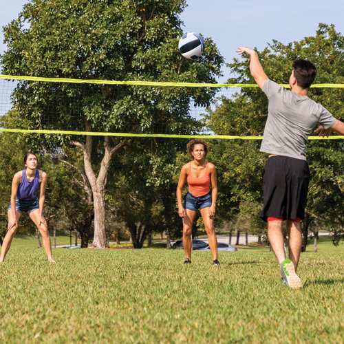 EastPoint 2-in-1 Volleyball & Badminton Set - Black Steel Poles - Adjustable Height for Backyard Games - 4 Rackets & 2 Shuttlecocks for Lawn Games - Volleyball & Pump for Outdoor Sports