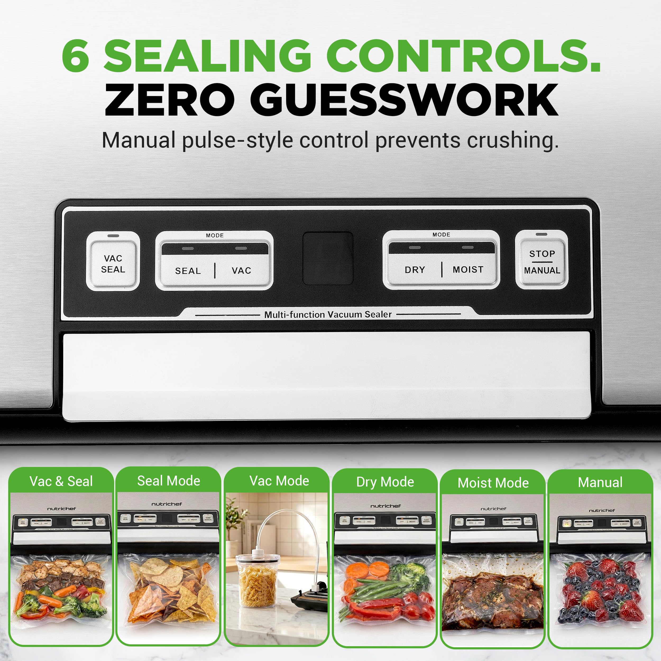NutriChef Vacuum Sealer Machine, 80kPa Food Vacuum Sealer with Cutter, Bag Storage, Suction Hose, 1 Bag Roll & 5 Vacuum Bags to Ensure Freshness, Suitable for Freezer Meal Prep & Portioning 14"x7"x3"