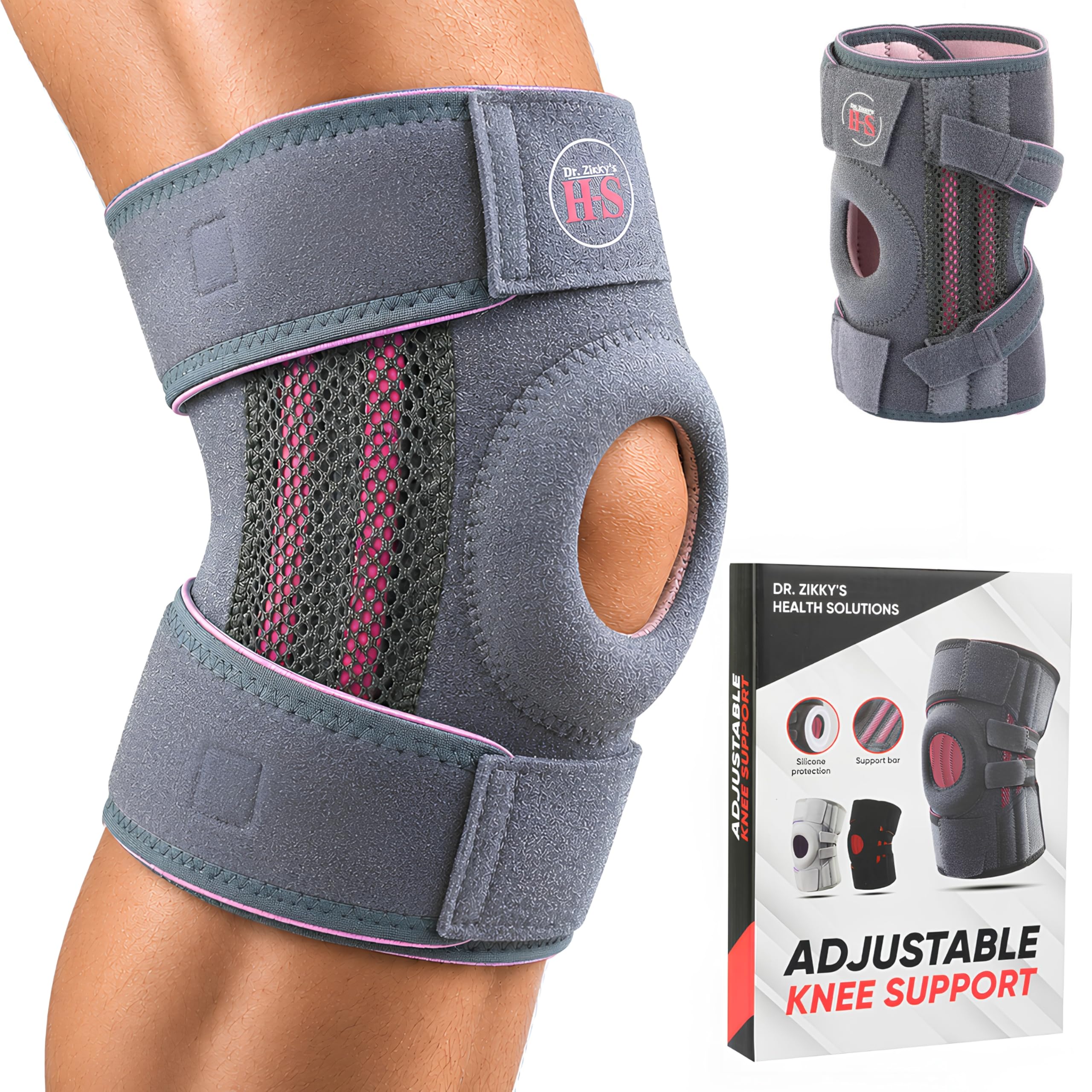 Dr. Zikky's Adjustable Knee Brace. Lightweight Compression Support with Dual Side Stabilizers, Patella Gel Ring & Non-Slip Straps for Comfort During Activity or Recovery (Gray Pink)