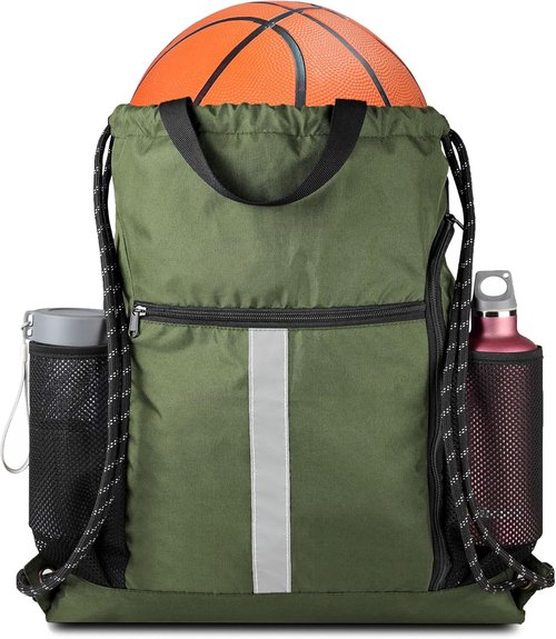 BeeGreen Moss Green Drawstring Bag - Heavy-Duty Cinch Sack with Shoe Compartment & Mesh Pockets