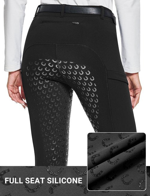 FitsT4 Sports Women's Winter Horse Riding Pants with Zipper Pockets Full Seat Riding Tights Fleece Lined Equestrian Breeches for Women Black XS