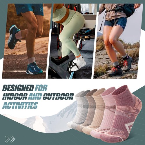 ANTSANG 6 Pairs Merino Wool Quarter Ankle Hiking Running Socks Compression Thermal Thick Cushion Socks for Women Men(Pink Series,M)