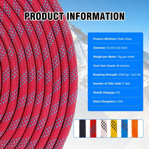 Hopeseily Static Climbing Rope, 1/2 Inch x 100ft Outdoor 48 Strands Polyester Rope for Rappelling Arborist Swing Rescue Safety Escape Hiking Camping Mountaineering Caving Emergency, Red