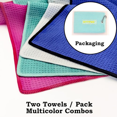 Glamrce 2 Pack Tri-fold Golf Towel Set, Microfiber Fabric Waffle Pattern Towels, Outdoor Sports Towels Heavy Duty Carabiner Clip (Pink x2)