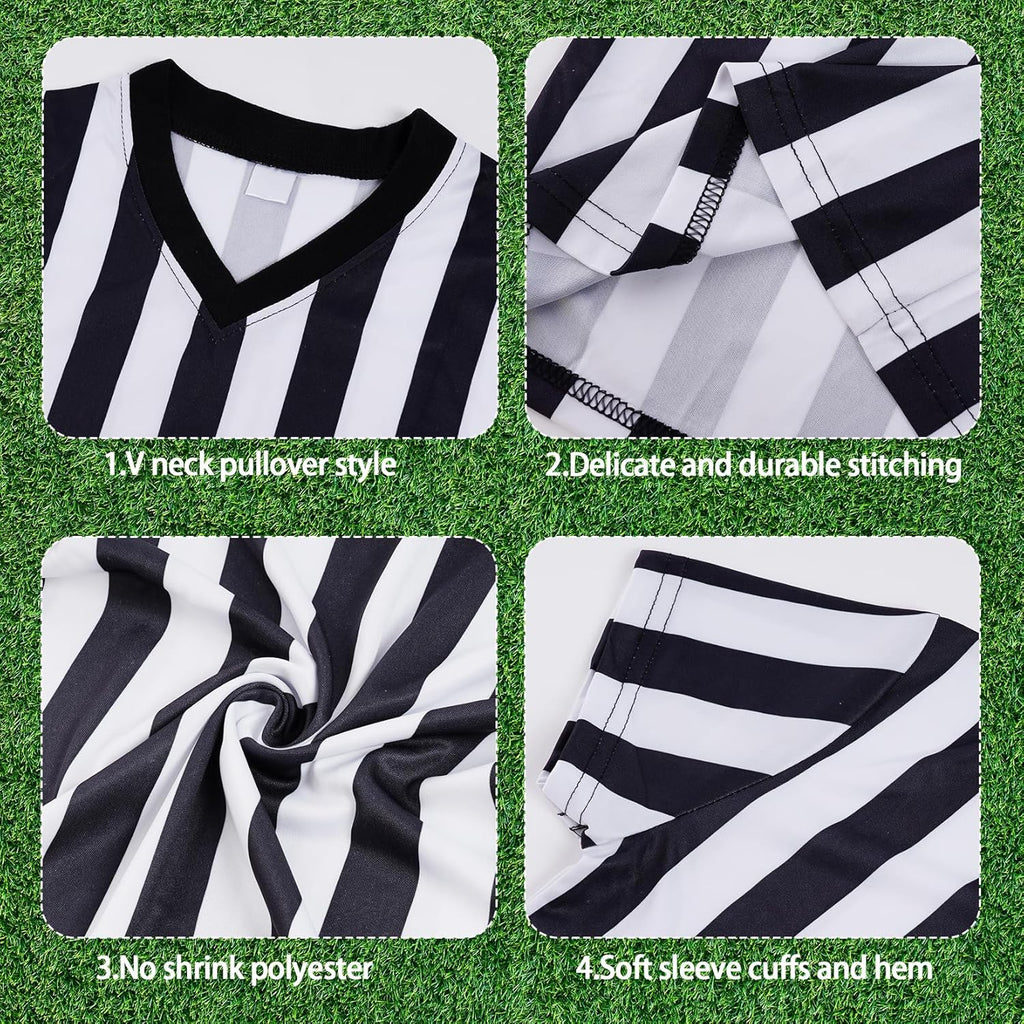 obmwang Kids Referee Shirt Costume, Black and White Stripe V Neck Referee Shirt, Yellow Penalty Flag and Whistle
