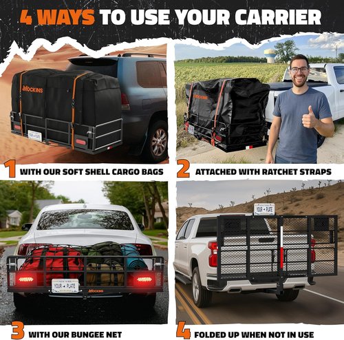 Mockins XL High Rail Trailer Hitch Cargo Carrier - 45 CuFt Waterproof Bag | 500 Lbs Capacity, Folding Design for SUVs & Trucks