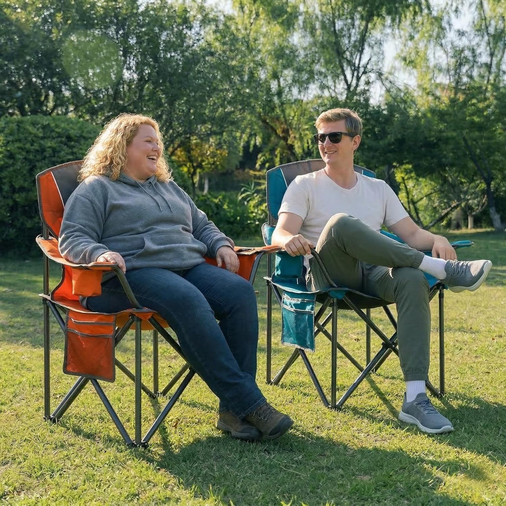 Skiennix Padded Oversized Camping Chairs - Heavy Duty 400 Lbs Support | Folding Portable with Cup Holder & Cooler Bag (Orange & Blue)