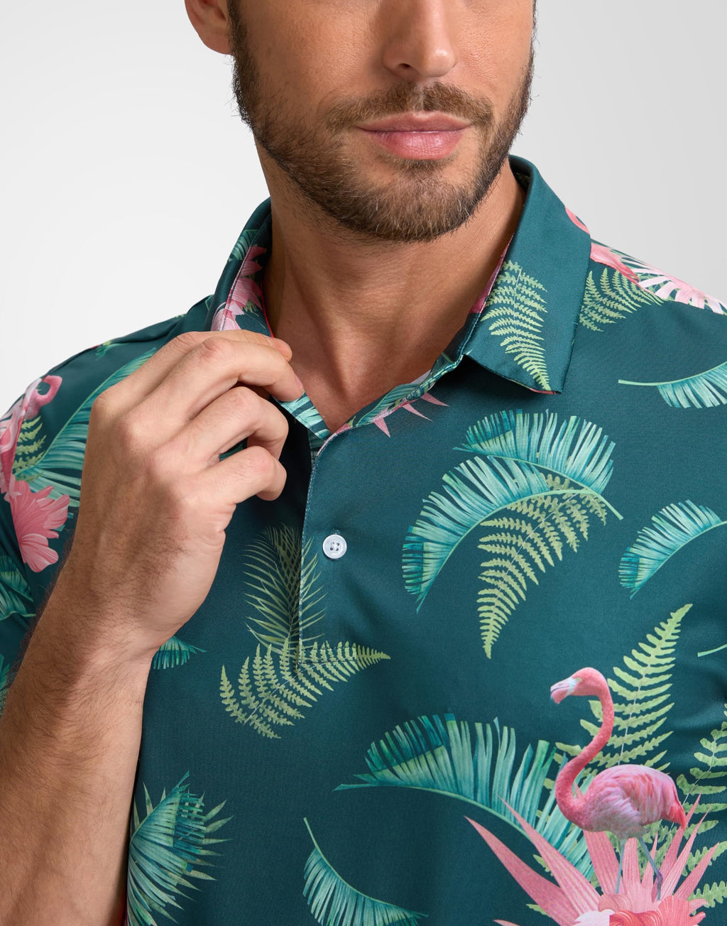 Obla Mens Golf Polo Shirts Short Sleeve Dry Fit Performance Moisture Wicking Casual Print Collared Golf Shirts for Men(Green Flamingo_M)