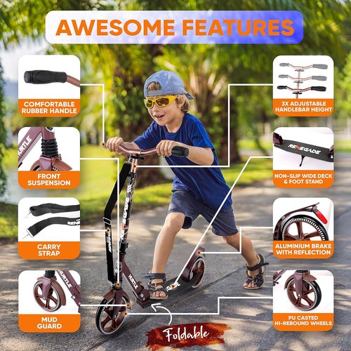 Hurtle Renegade Kick Scooter - 2-Wheel Folding Design with Adjustable T-Bar Handlebar & Anti-Slip Deck