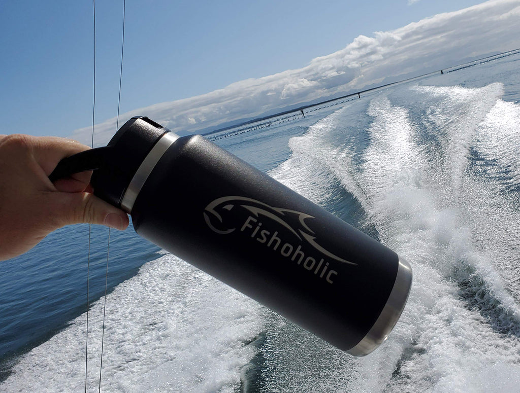 Fishoholic Fishing Mug Keg Bottle Tumbler - Double Wall Stainless Steel Vacuum Insulated - Fishing Gift for Men (Black, 36oz)