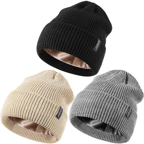 3 Pack Satin Lined Beanie for Women Men, Fashionable Silk Lined Winter Hats for Cold Weather, Warm Cable Knit Skull Cap Cuffed Beanies-01