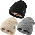 3 Pack Satin Lined Beanie for Women Men, Fashionable Silk Lined Winter Hats for Cold Weather, Warm Cable Knit Skull Cap Cuffed Beanies-01
