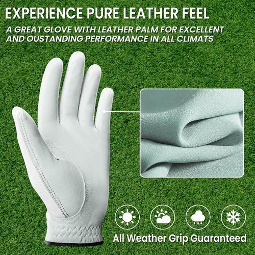 FINGER TEN Premium Golf Gloves - Cabretta Leather, All-Weather Grip, 3 Pack, Sizes S-XL for Men