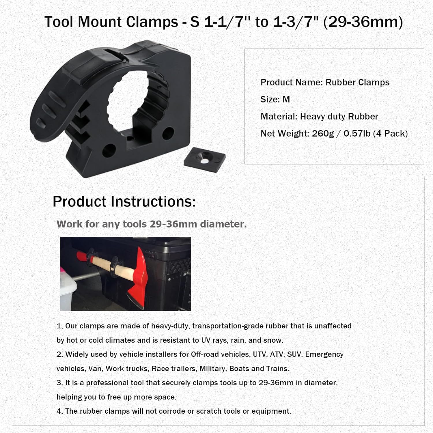 UTV ATV Shovel Holder - Quick-Release Molle Panel Rubber Clamps for Off-Road Vehicles | Fits 1-1/7" to 1-3/7" Diameter (Medium - 4 Pack)