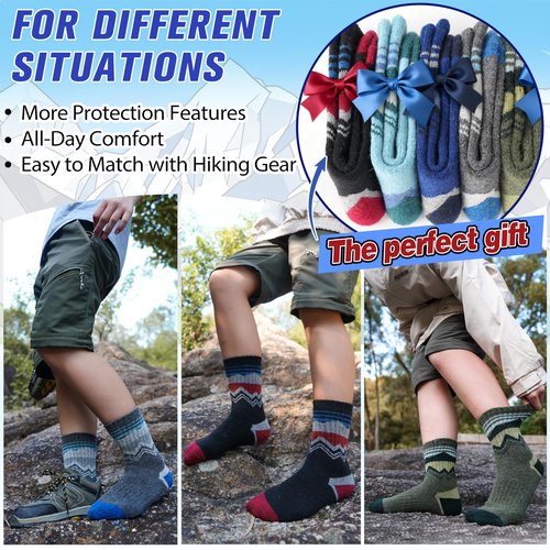EBMORE Kids Merino Wool Hiking Socks Boys Toddlers Girls Winter Thermal Thick Warm Boot Cushion Ski Snow Gift Socks Stocking Stuffers 6 Pair(Black/Gray/Blue/Deep Green,4-7 Years)