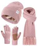 Womens Satin Lined Beanie Scarf Gloves Set, Silk Lined Winter Hats Long Knit Scarf Touchscreen Gloves, Fashionable Warm 3 in 1 Gift Set for Women Men(Pink)