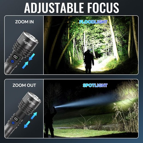 Tughlax Rechargeable Flashlights High Lumens, 90,000 Lumens Super Bright LED Flashlight Tactical Flashlight with LCD Digital Display, 5 Modes Zoomable Waterproof Powerful Handheld Flashlight for Home