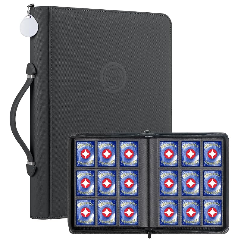 GEAoffice 9-Pocket Card Binder - 576 Card Capacity, Side-Loading PU Zip Binder with Handle (Black)