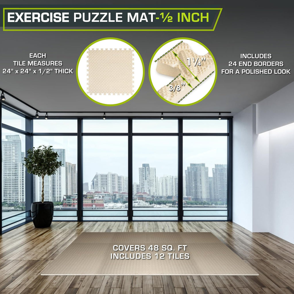 ProsourceFit Exercise Puzzle Mat - ½-Inch EVA Interlocking Foam Tiles for Home Gym | Beige, 48 Sq Ft (12 Tiles)