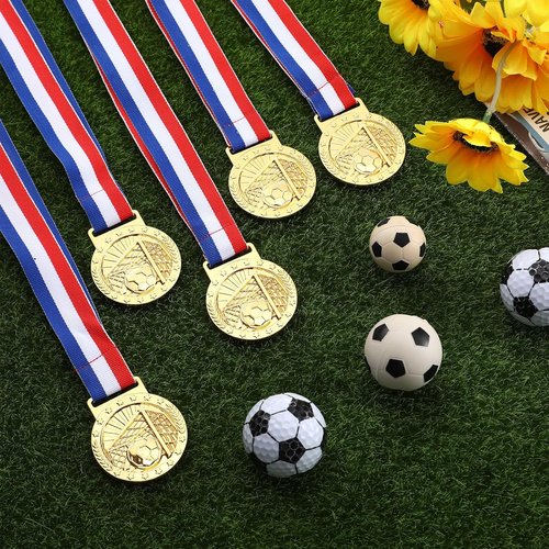 Cunno 24 Pcs Gold Award Medals - 2'' Basketball & Soccer Trophies with Ribbons for Sports Teams