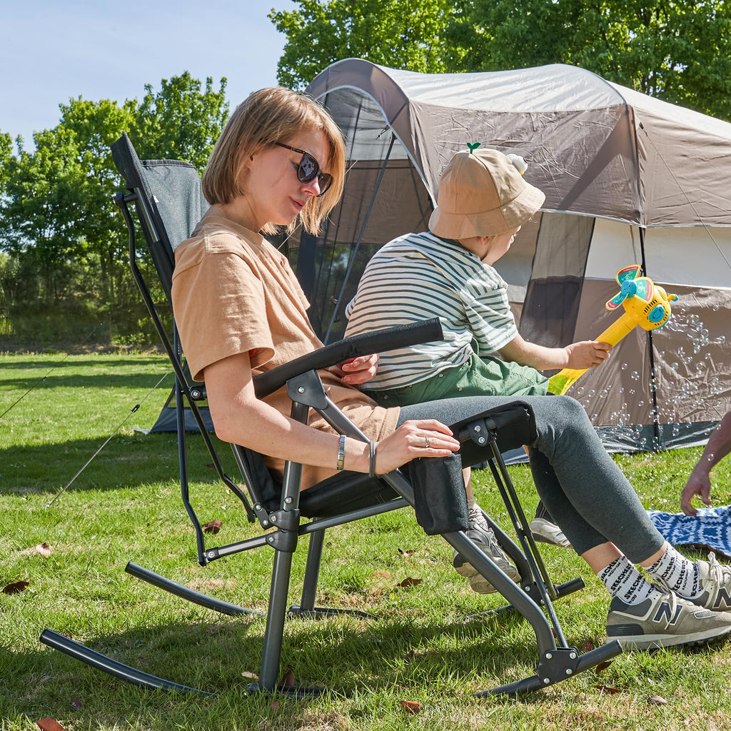 Portal Oversized Folding Rocking Camping Chair Portable Outdoor Rocker with High Back Hard Armrests Carry Bag, Supports 400 lbs, Mesh Back, Black & Grey