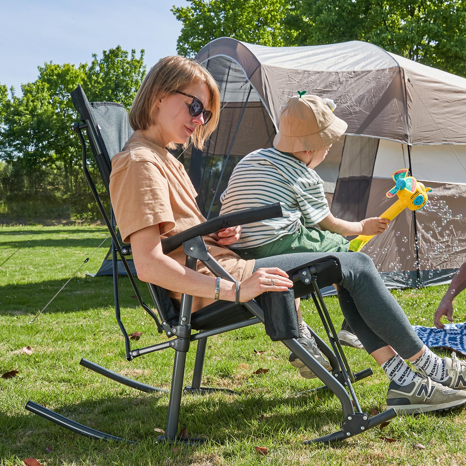 Portal Oversized Folding Rocking Camping Chair Portable Outdoor Rocker with High Back Hard Armrests Carry Bag, Supports 400 lbs, Mesh Back, Black & Grey