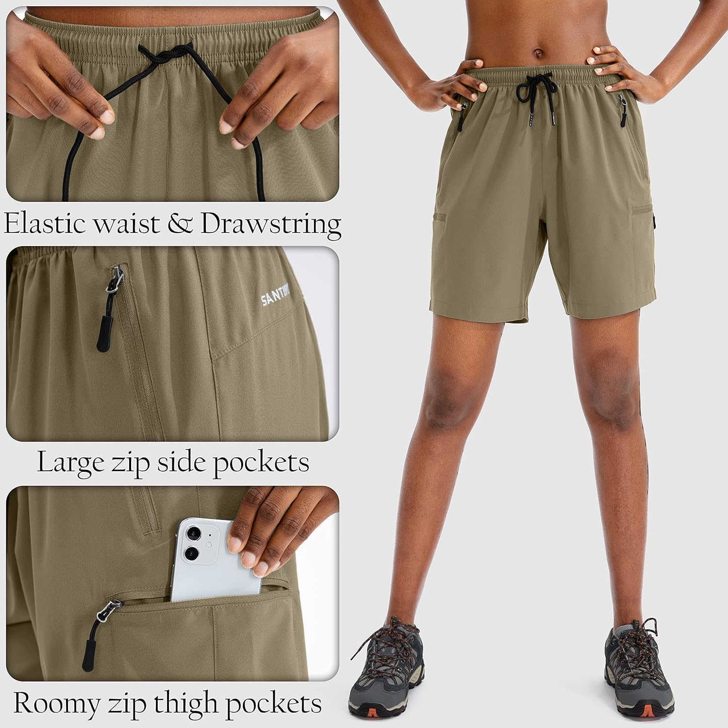 SANTINY Women's Quick-Dry Hiking Cargo Shorts - Lightweight Athletic Summer Shorts with Zipper Pockets | 5''/7''/9'' Sizes