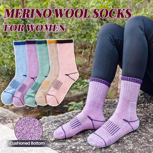 AMENLAN Women Merino Wool Hiking Socks Winter Thermal Boot Thick Warm Work Socks 5 Pairs (Purple Pink Green,Medium)