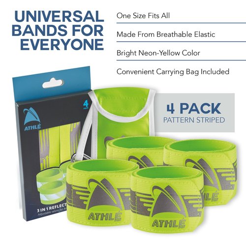 Athlé Reflective Bands 4 Pack – Adjustable 16" Neon Yellow Straps for Wrist, Arm and Ankle - High Visibility Safety Gear for Running, Jogging, Cycling and Biking