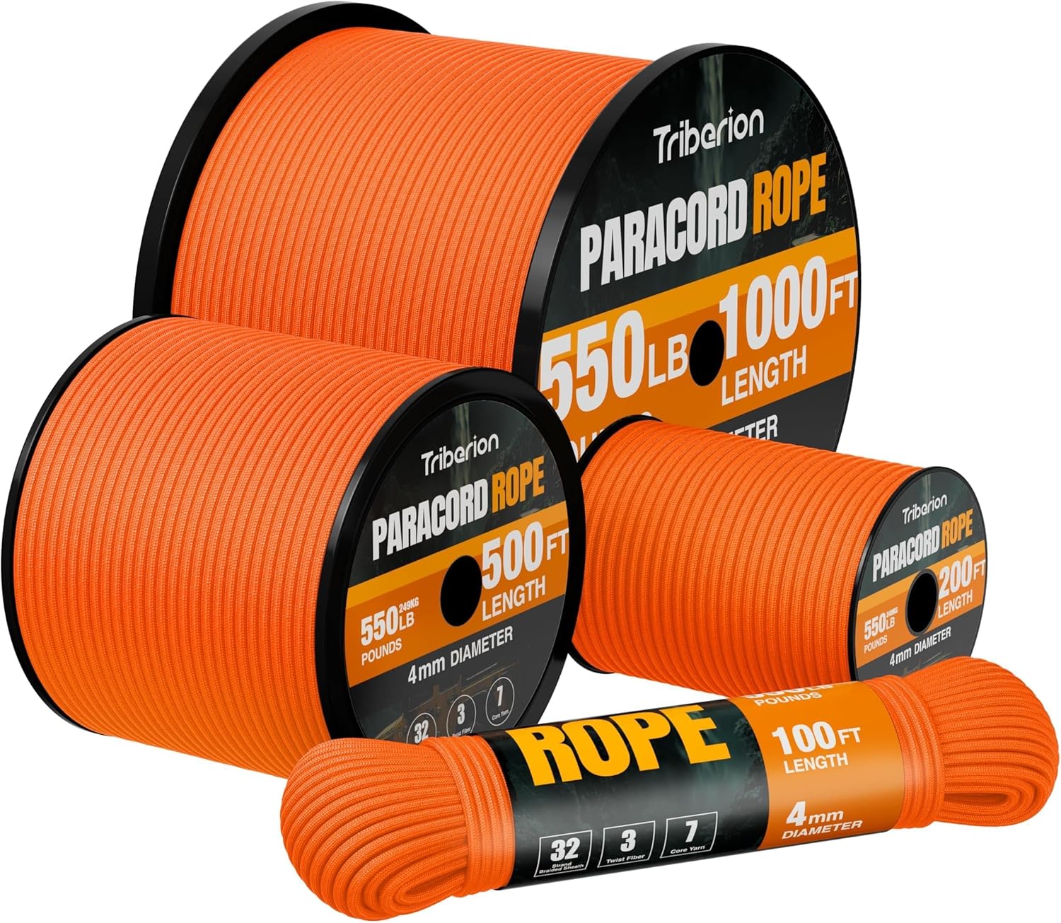 Paracord 550 lb - 500ft Heavy Duty 7-Strand Parachute Cord | Versatile Survival & Camping Gear - Orange