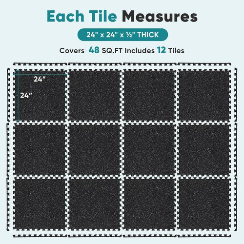NEWBULIG Interlocking Rubber Floor Tiles, Gym Flooring for Home Gym Mat 24 inch Long, 1/2 Inch Thick, Rubber Mats for Floor, Garage, Workout Space, Non-Slip, 6pcs
