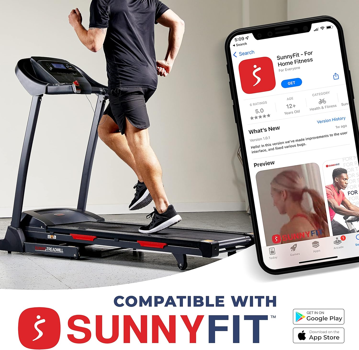 Sunny Health & Fitness Folding Treadmill - Smart Performance with Adjustable Incline & Free Bluetooth App