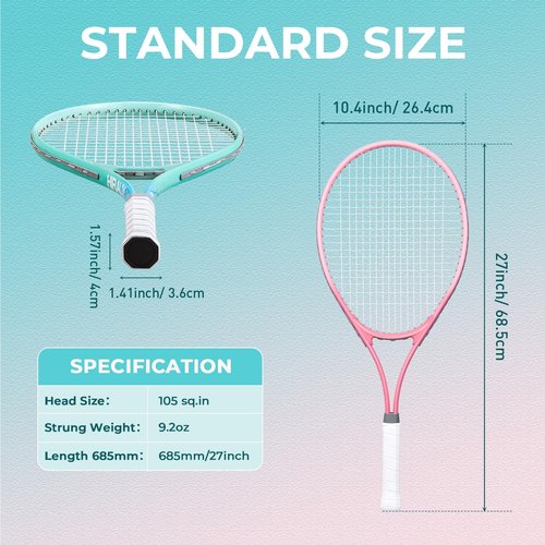 HIRALIY 27" Tennis Rackets Set for Adults, 2 Player Pre-Strung Tennis Racquets, 2 Overgrip Tapes,3 Balls, and 1 Carrying Bag, Outdoor Recreational Sport for Beginner (Pink/Green)