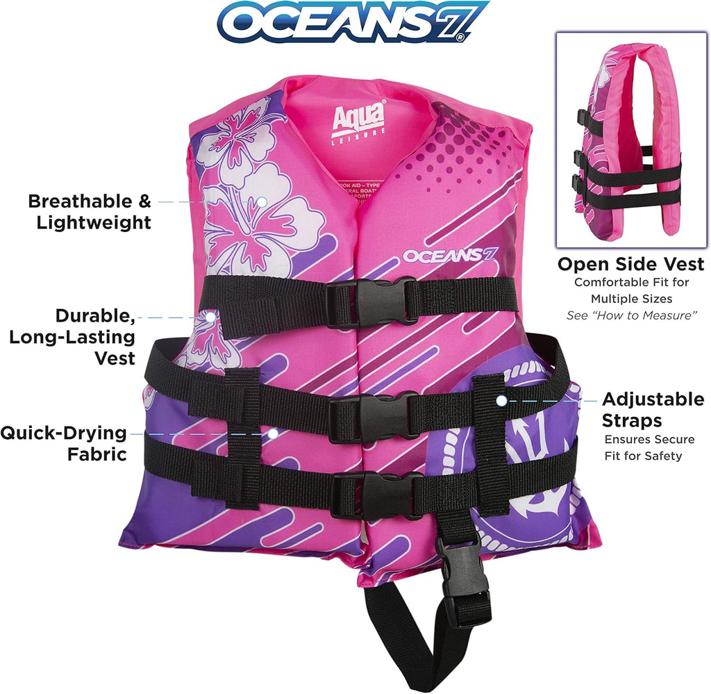 Oceans7 Kids Life Jacket - US Coast Guard-Approved Type III PFD | Flexible-Fit Open-Sided Design - Pink/Berry 30-50 lbs