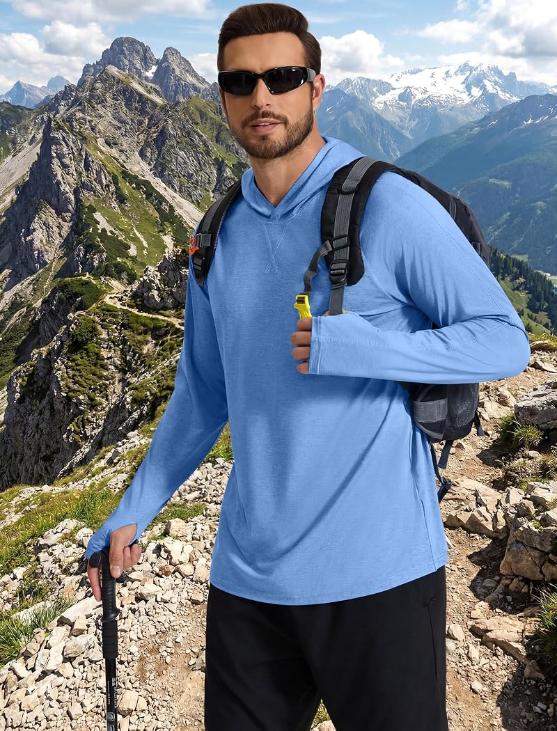 COOFANDY Men's UPF 50+ Fishing Shirt Hooded Long Sleeve Rash Guard, A-light Blue, Large