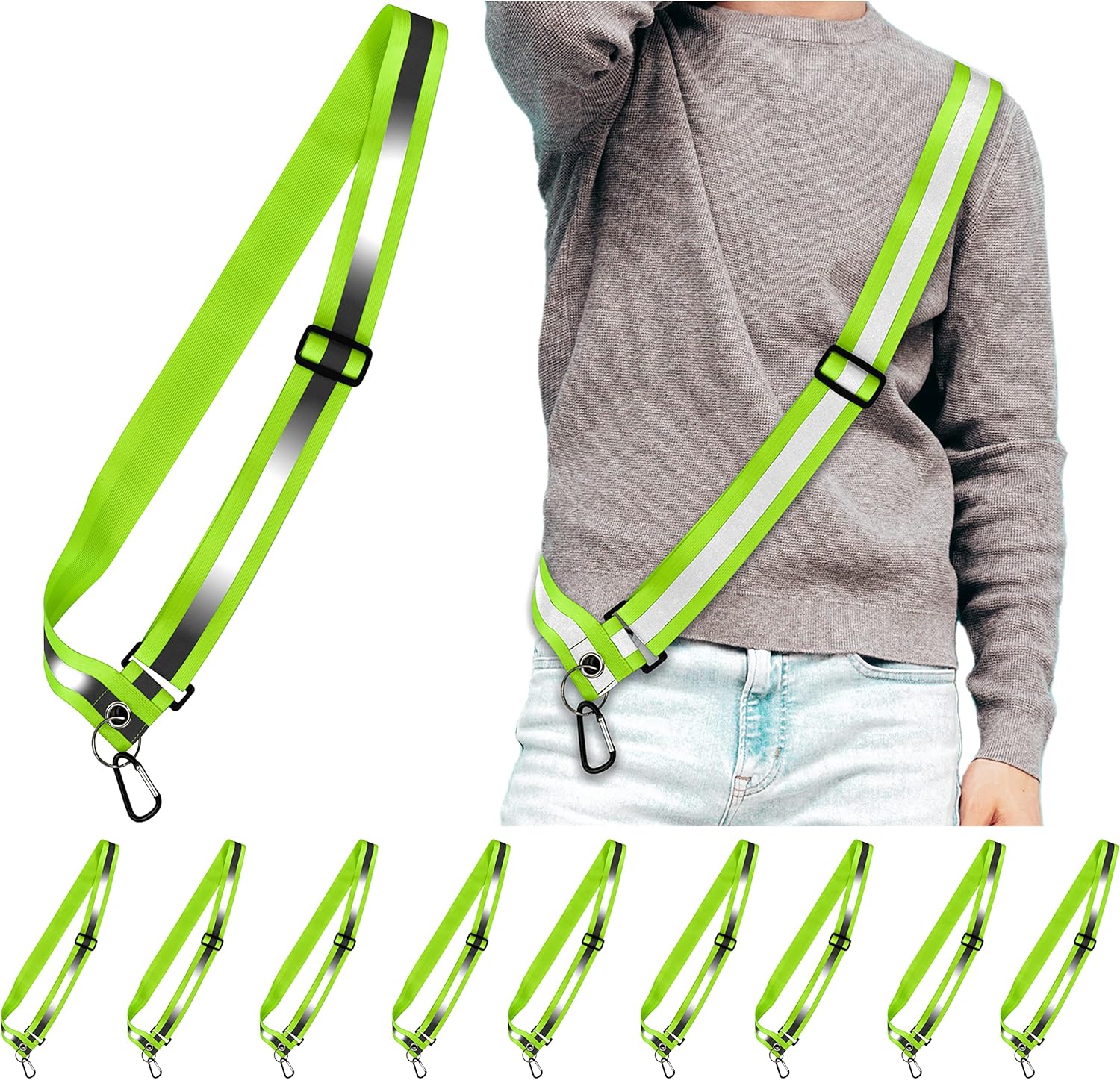 Safety Reflective Sash - Adjustable Night Visibility Belt for Men, Women & Kids | 10 Pack